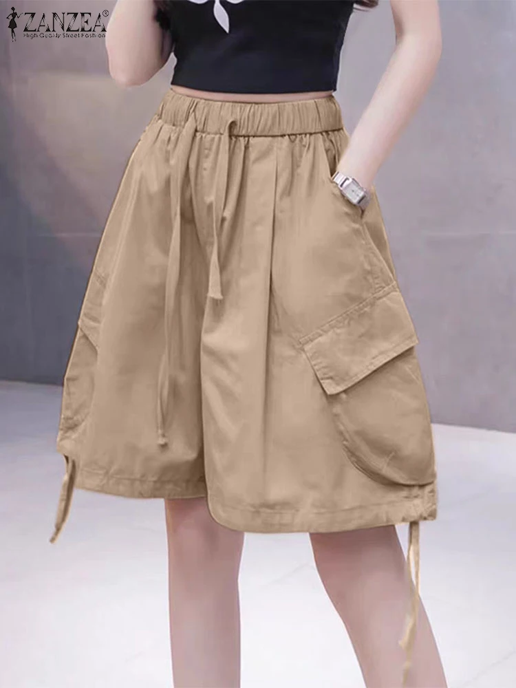 

Women Cargo Shorts Streetwear Pockets Elastic Mid Waist Overalls ZANZEA Casual Loose Five Quarter Pants 2024 Summer Holiday Pant