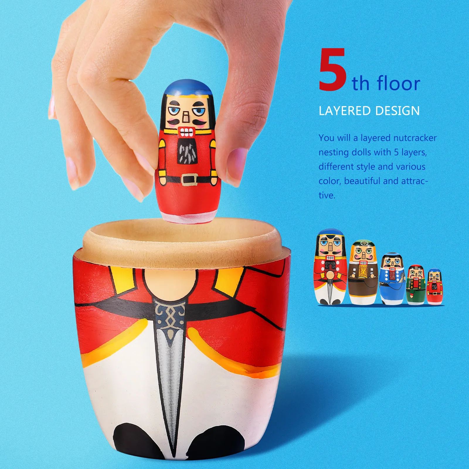 

Набор из 5 деревянных матрешек-Щелкунчиков: уникальный дизайн ручной росписи, веселое обучающее средство, декор для дома, предмет искусства