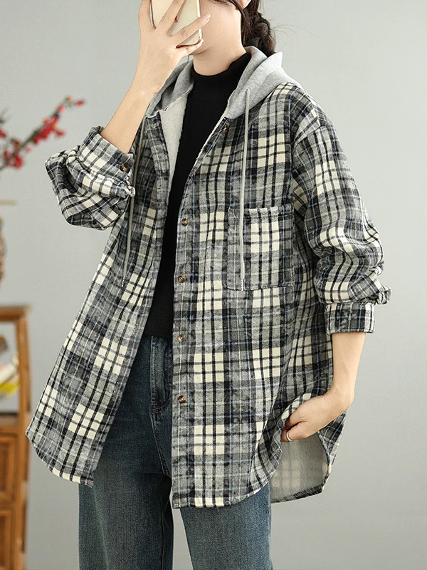 

Осенне-зимнее повседневное художественное пальто из хлопка и льна в клетку, молодежное, с капюшоном, утепленное флисом, средней длины, приталенное.