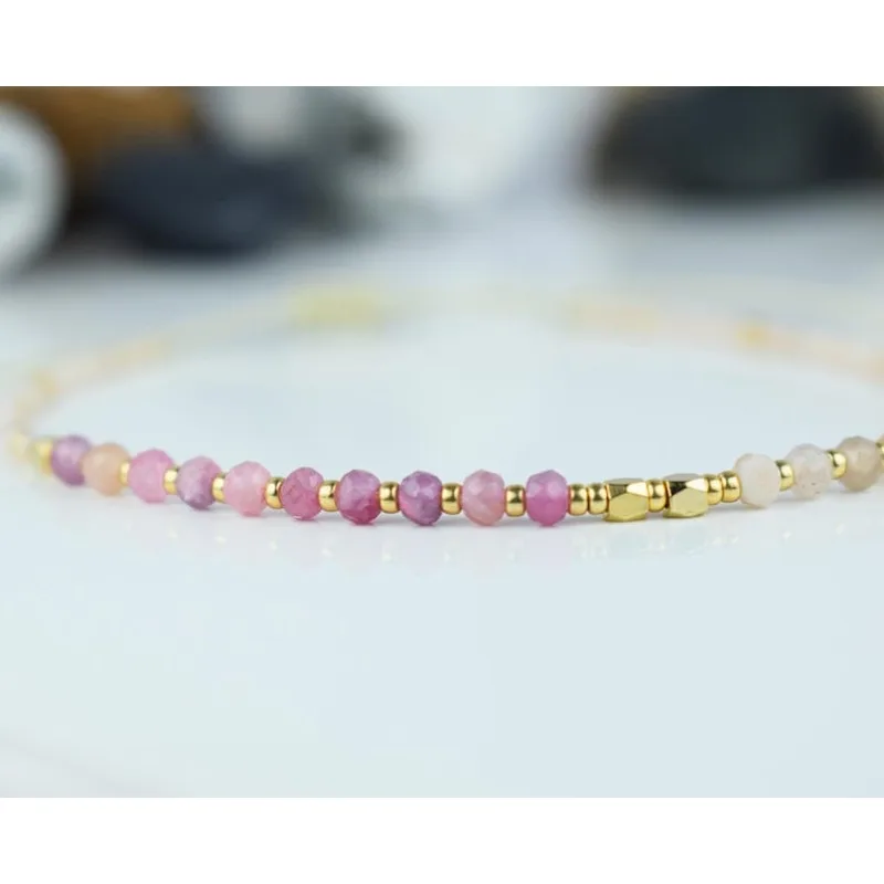 Dainty Ultra-Thin Adjustable Faceted Pink Tourmaline Bracelet Gemstone Jewelry