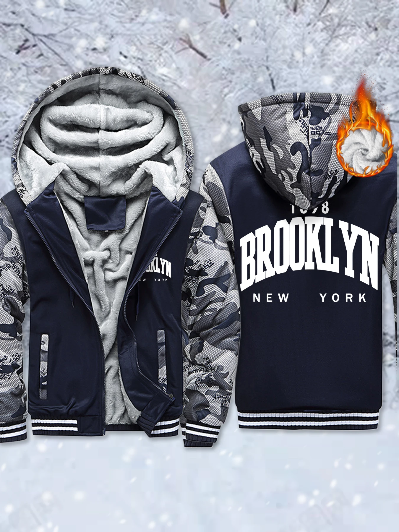 

Brooklun New York Letter Pattern Men Coat Warm Fleece Hoodie Casual Fashion Zipper Jacket Thick Hoody Winter Outdoor Streetwear