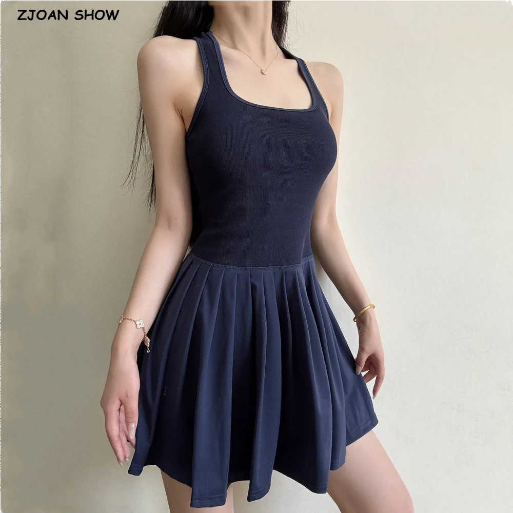 فستان أنيق موديل 2025 بياقة على شكل حرف U من نسيج قطني طويل للنساء مقصوص من الخلف وخصر منخفض وحاشية مطوي بدون أكمام فساتين قصيرة غير رسمية رداء كحلي #1