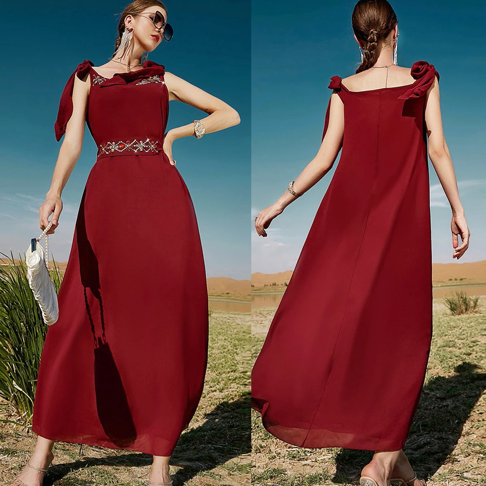 Summer Casual Party Holiday Long Dress Women Sleeveless Maxi Robe Islamic Vestido Middle East Rhinestone Gown Muslim Ramadan Eid