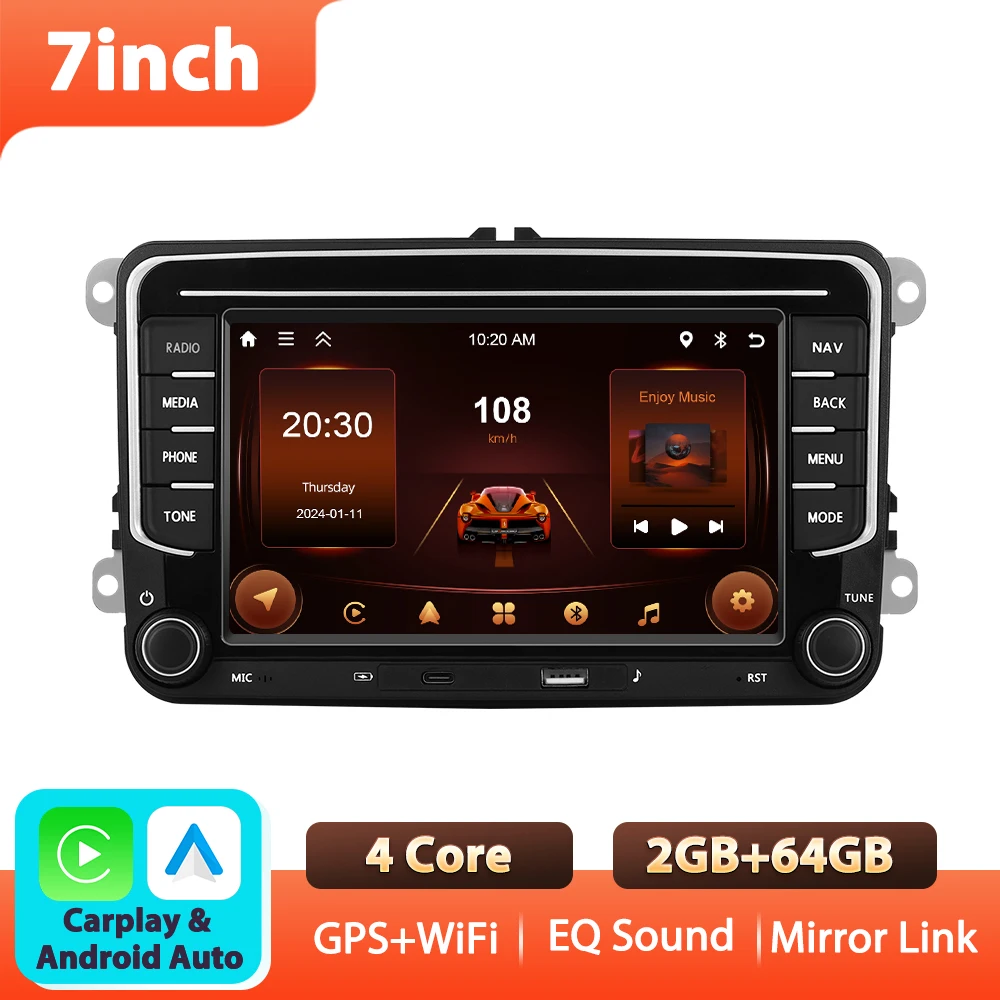 Podofo 7'' 6+128G autoradio voor VW/PASSAT/GOLF/POLO/BORA multimediaspeler WIFI Carplay Android Auto BT EQ Sound DSP autostereo