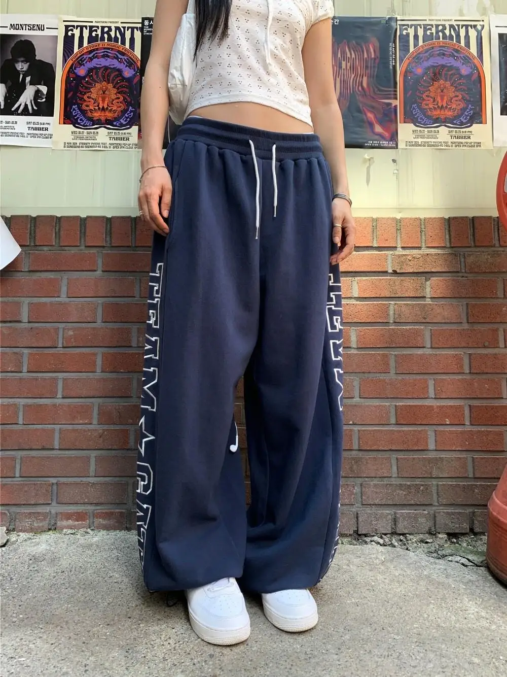 ローウエストワイドレッグパンツアメリカンストリートSle刺繍ストレートカットカジュアルスウェットパンツ韓国版通勤Sle
