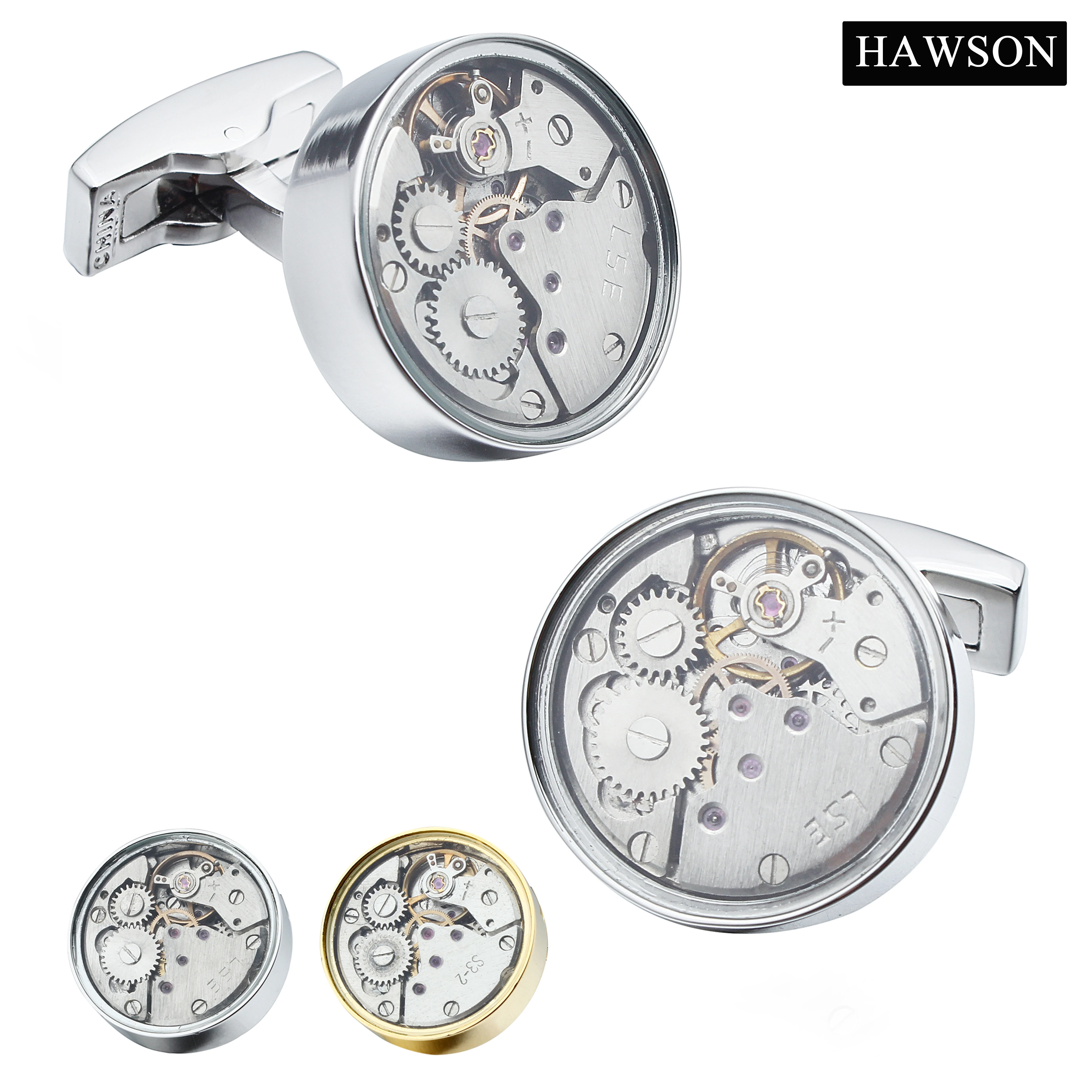 HAWSON Men's Steampunk Watch Movement Cufflinks Mechanical Gear Skeleton Cuff Buttons Formal Business Party Jewelry Accessory