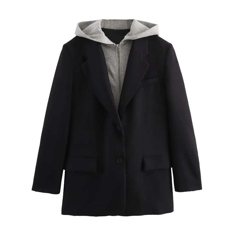 

Hooded Patchwork Women Blazer Coat Female 2024 Chic Single-breasted with Pockets Outerwears Ladies Long Sleeve Blazer