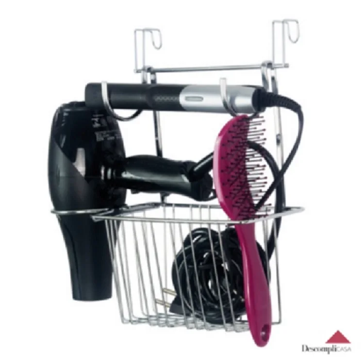 Bathroom Organizer Door Hair Dryer Holder Chrome Iron and Brush