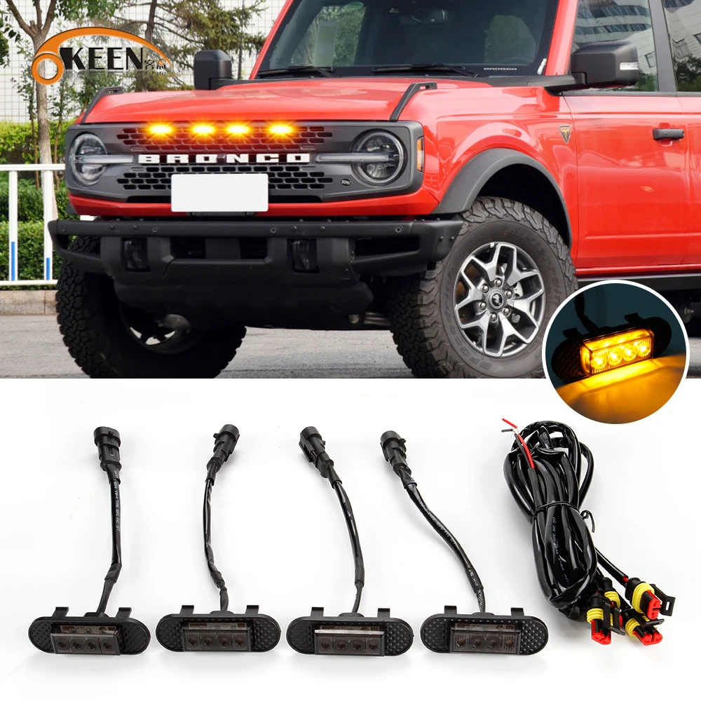 OKEEN LED Car Front Grille Lights For Ford Bronco 2021 2022 2023 Amber Driving Lamp Auto Accessory Car Daytime Running Light 12V