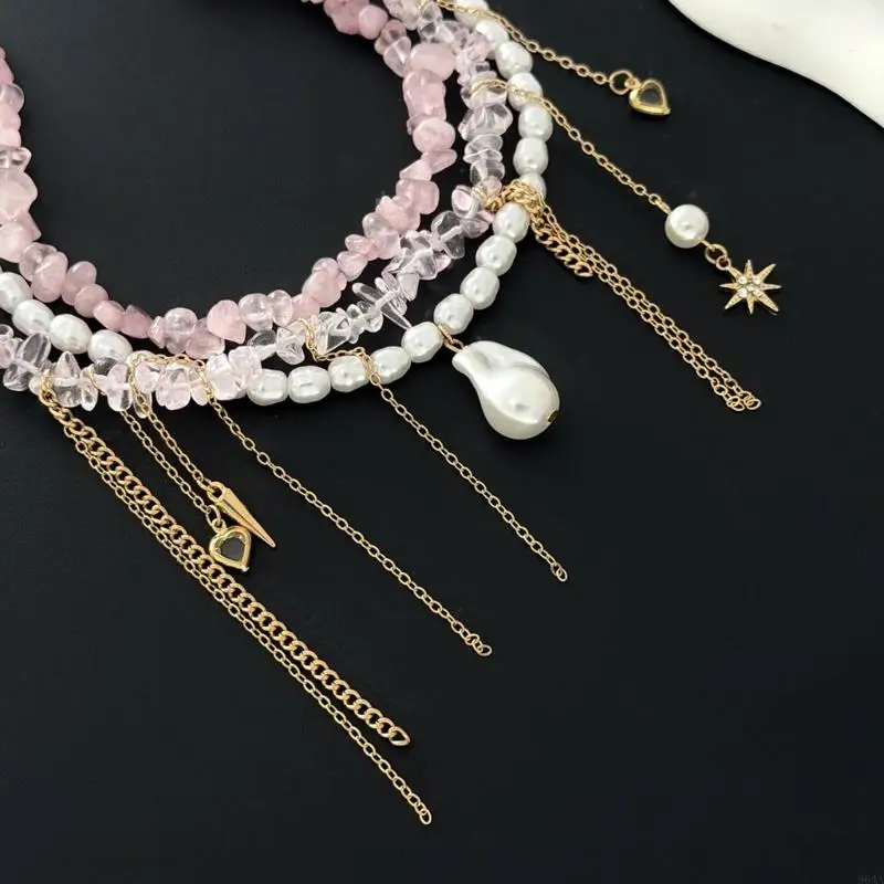 Lovely Pink Rock Bead Strand Necklace Featuring Pearls And Tassels 964A