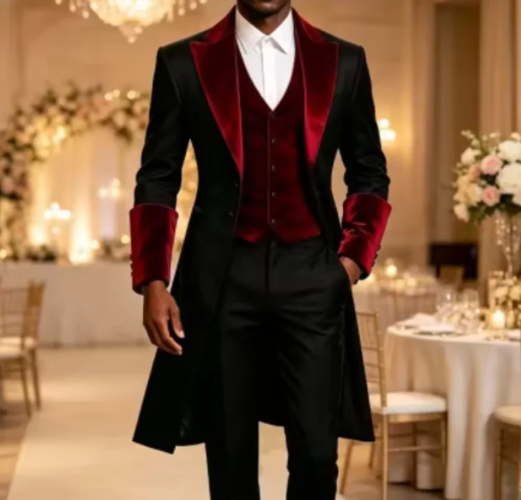 Men Velvet Long Tailcoat 3‑Pieces Wedding Groom Tuxedo Suit Formal Prom Party Blazer with Vest Pants Wedding Outfit