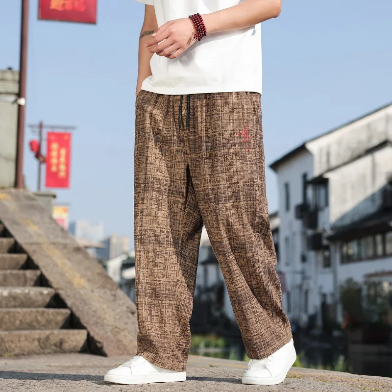 New Chinese Style · Men's Checkered Cross-stitch Wide-leg Pants, Loose and Draping + Ankle-binding Design, （Chinese Sizes）