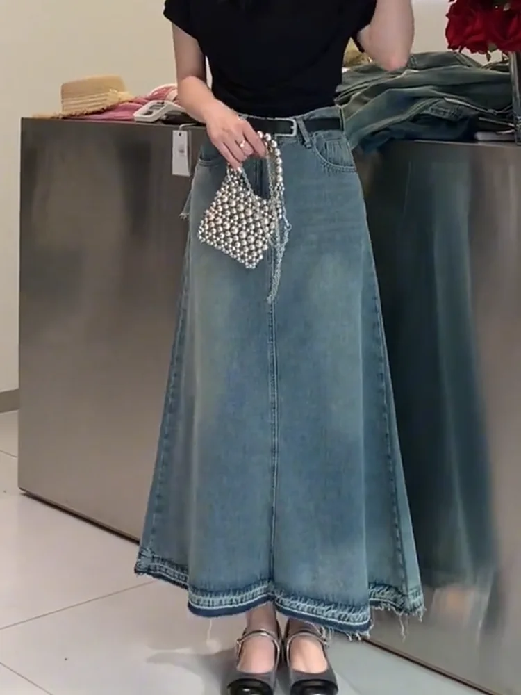 

Юбка А-силуэта с высокой талией из денима с эффектом потертости в корейском стиле, стройнящая, летняя, новинка, женская, для повседневной носки