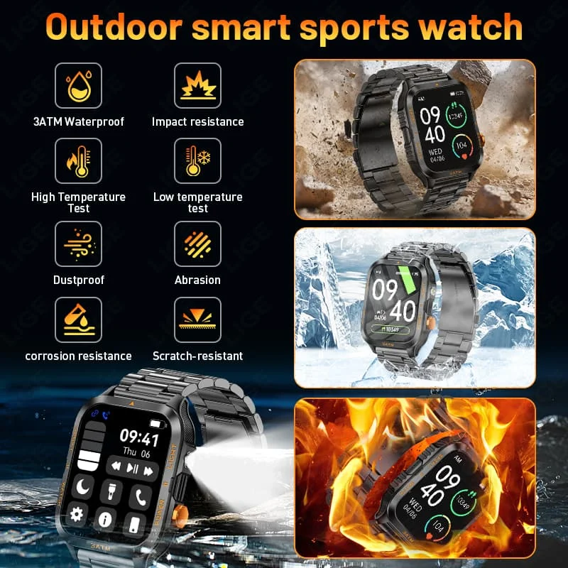 LIGE 2026 Rugged Military Smart Watch Outdoor Sport 880mAh 3ATM Waterproof 1.96" Al Voice BT Call Men Smartwatch For Android iOS