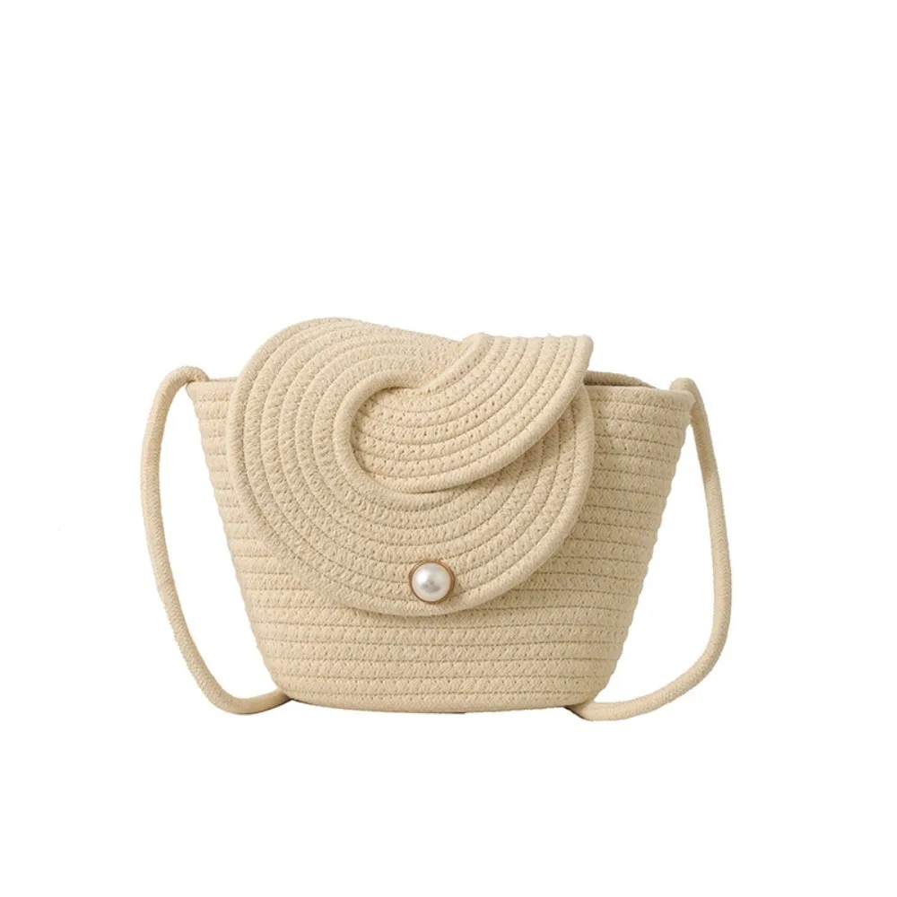 

Новая соломенная сумка-ведро с жемчужной пуговицей, однотонная сумка ручной работы, сумка на плечо для женщин и девочек