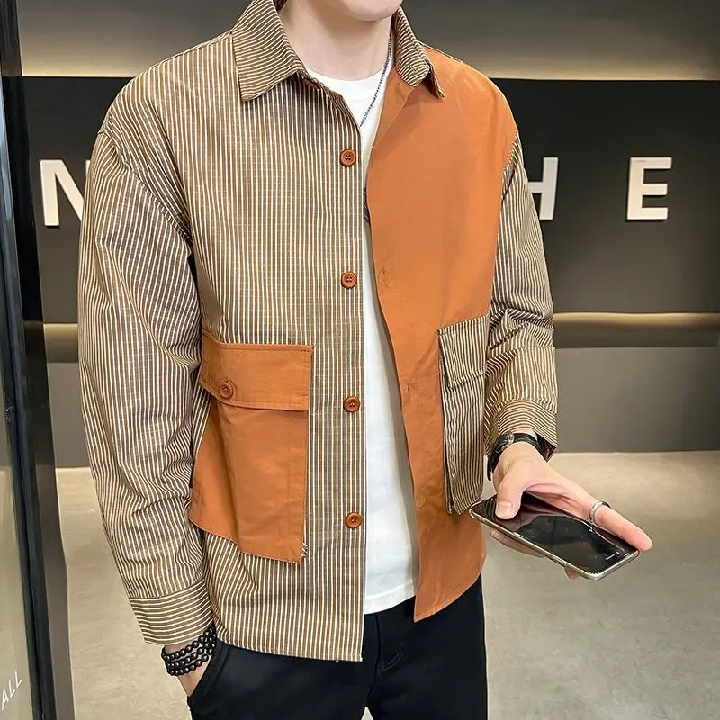 

Spring Autumn Turn-down Collar Long Sleeve Shirt Man High Street Casual Striped Printing Pockets Patchwork Cardigan JJ1364