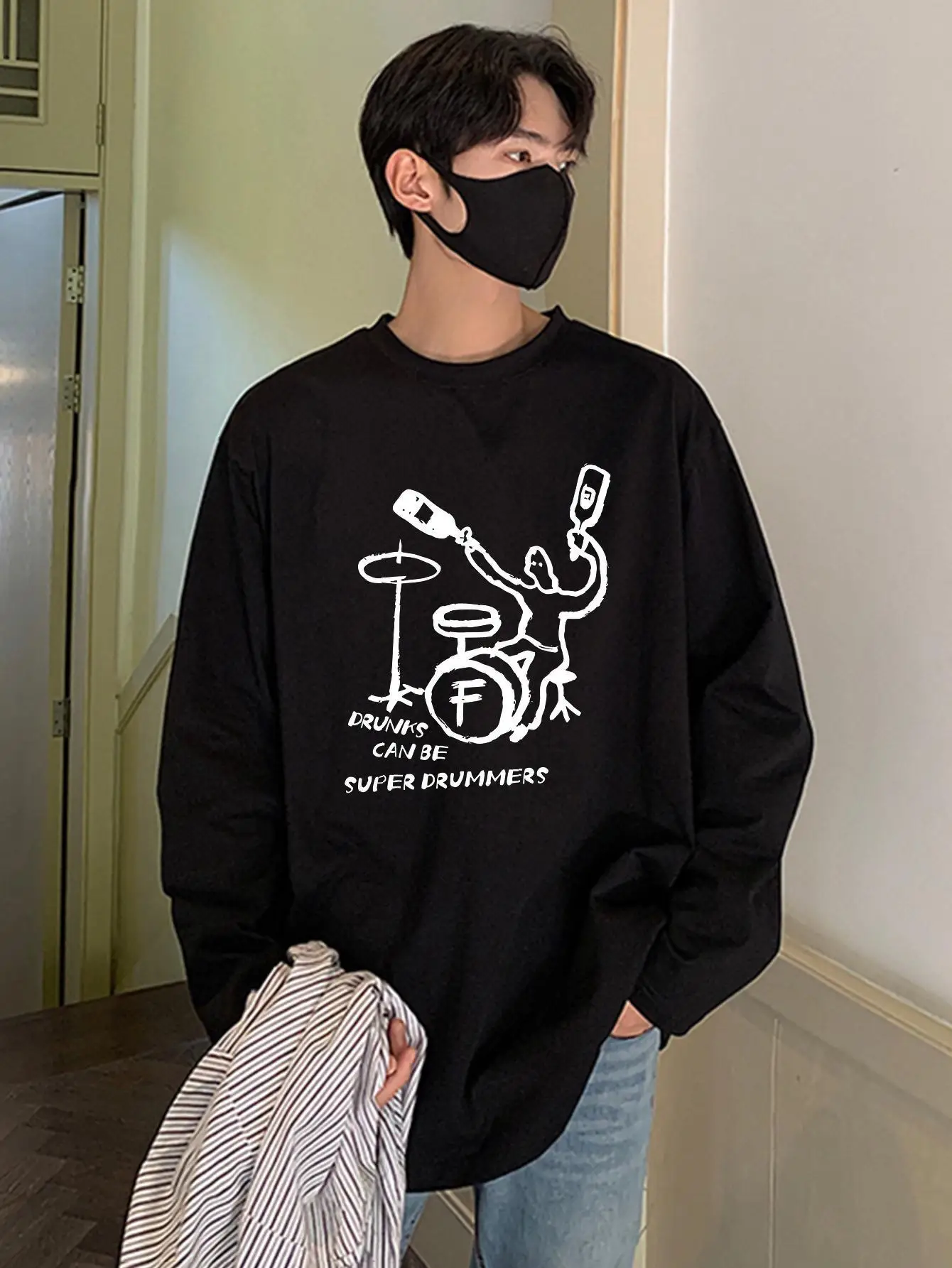 Funny Man Y2k T-shirts Drunk Drummers Graphic Fashion Hip Hop Oversize Male Streetwear Long Sleeve Cotton Unisex Tees Tops