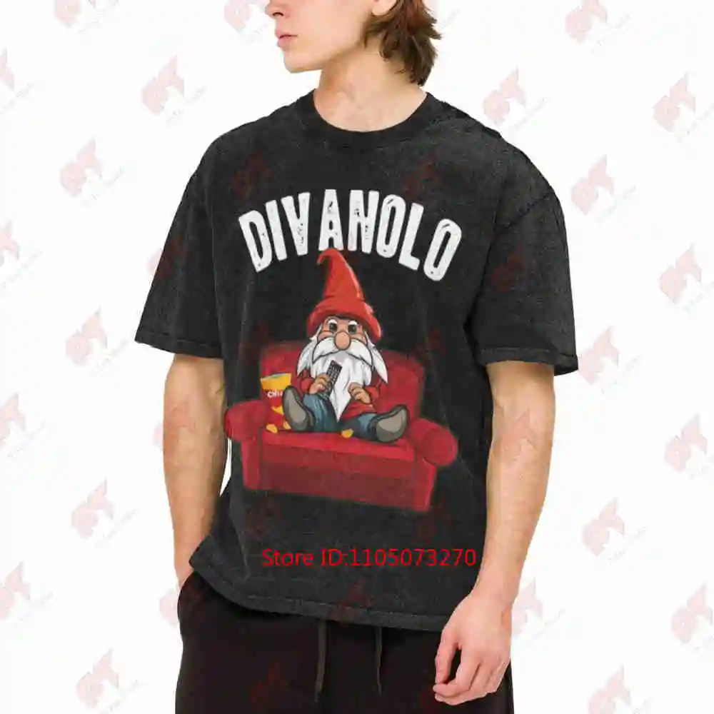 Funny Lazy Sofa Dwarf Elf Divanolo Red Armchair Popcorn Vintage Washed Tee Pure Cotton T-Shirt