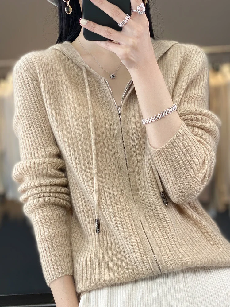 Herbst Winter Damen Kapuze Reiß verschlüsse Pullover Strickjacken 100% Merinowolle Strickwaren gestreift Kaschmir schick warm Langarm Tops neu