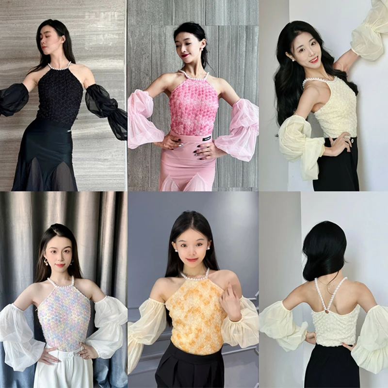 Ballroom Dance Performance Clothes Pearl Halterneck Tops Puff Sleeves Latin Dance Wear Fairy Leotards Practice Clothing DNV18965