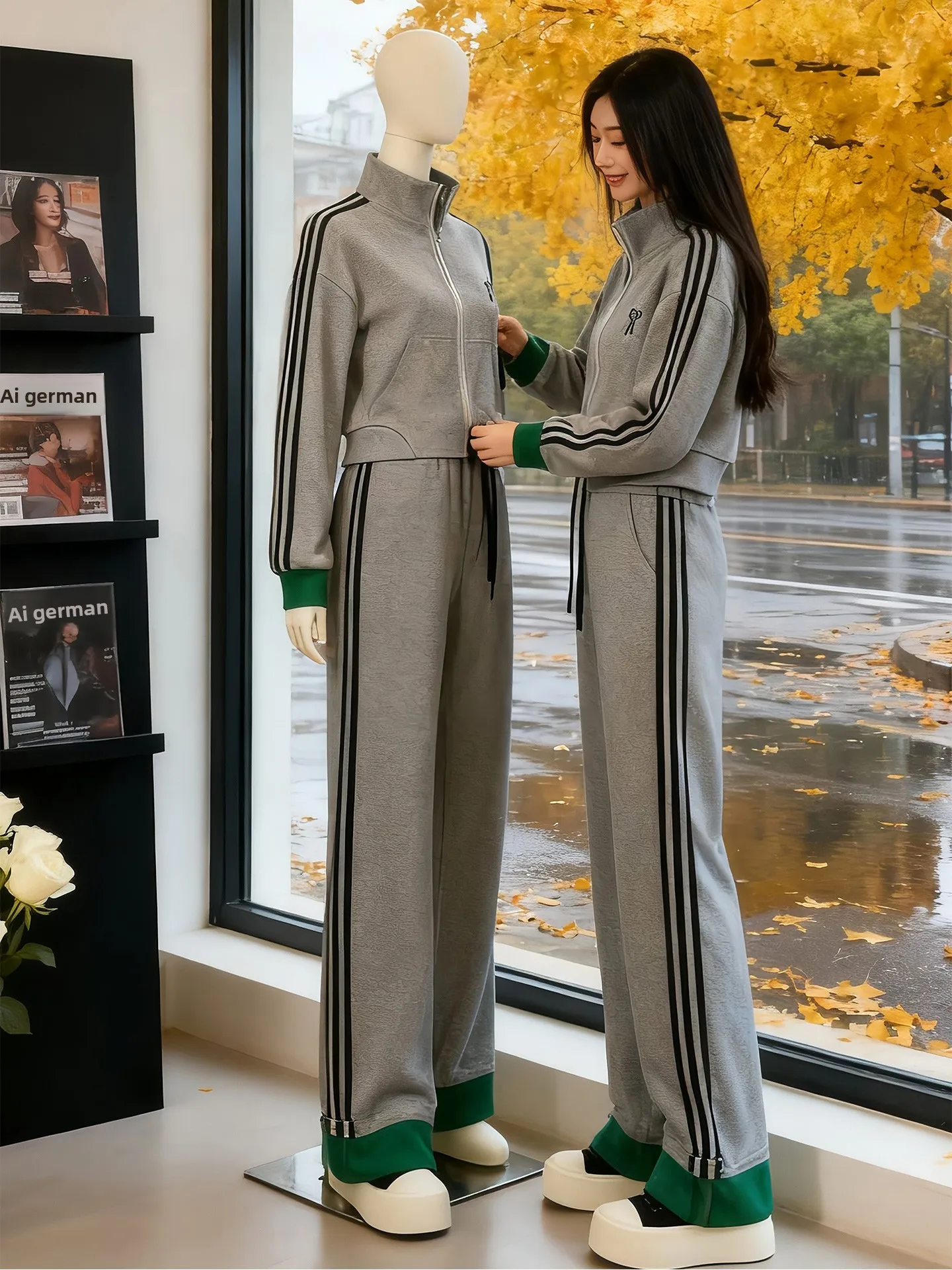

Grey Casual Sportswear Set Women's Autumn Fashion Anti-aging Long Sleeve Top Wide Leg Pants Two-piece Set Brand Station