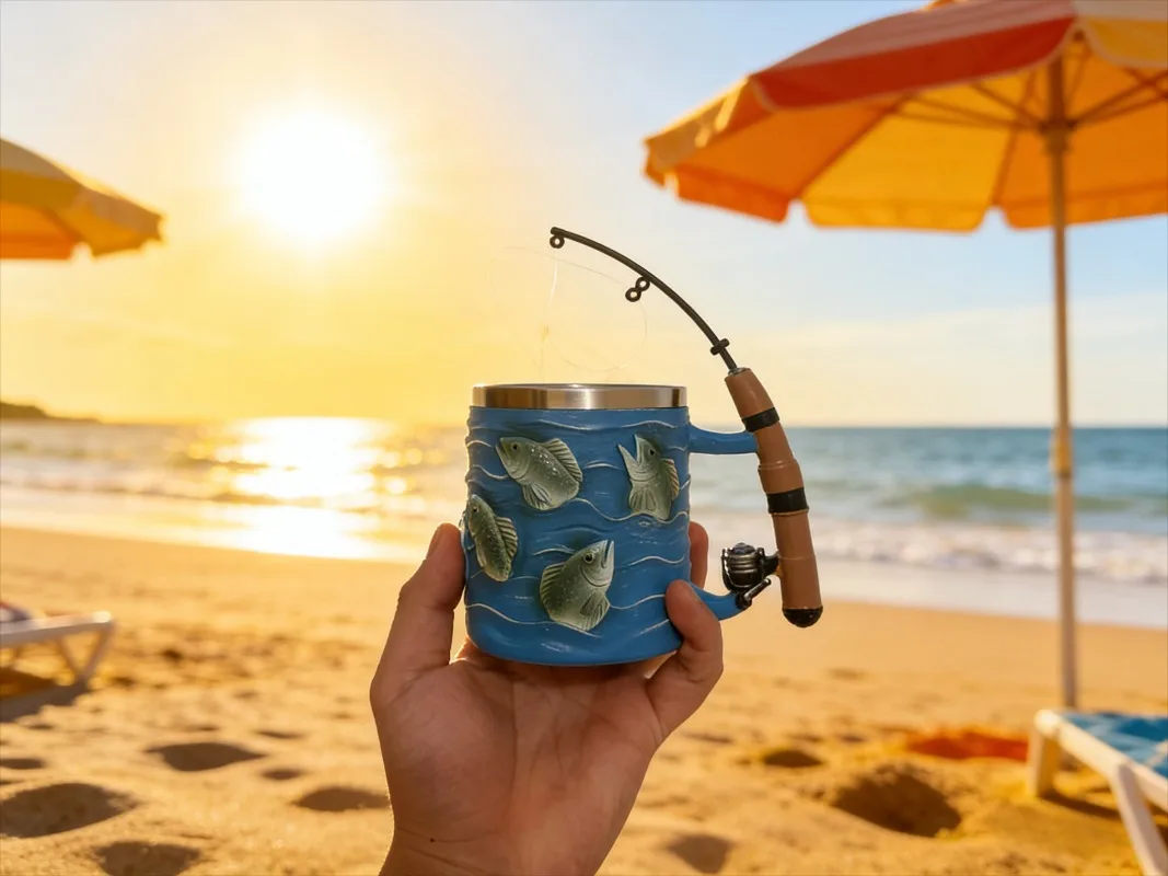 Novelty Fishing Rod Handle Ceramic Cup with 3D Fish Relief and Stainless Steel Liner, Unique Gift for Fisherman