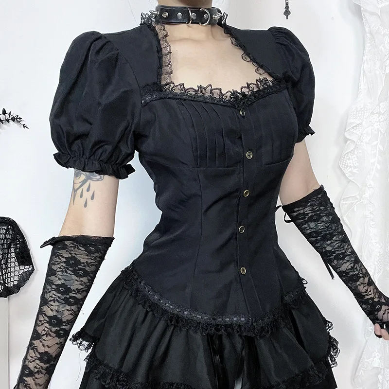 2024 New Arrival Lolita Style Vintage Black Double-layered Shirt for Women Summer