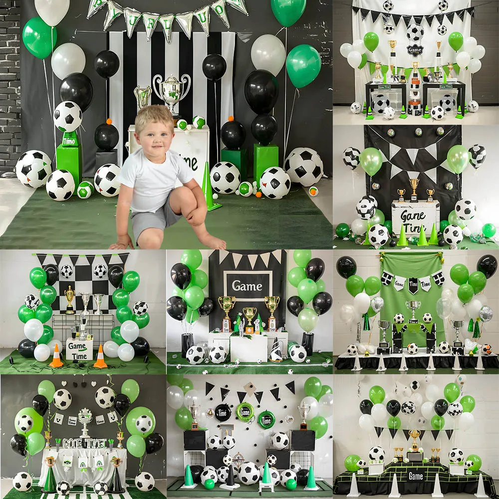 Soccer Theme Birthday Party Photography Background Green Balloons Decor Backdrops Baby Birthday Portrait Photo Studio Props