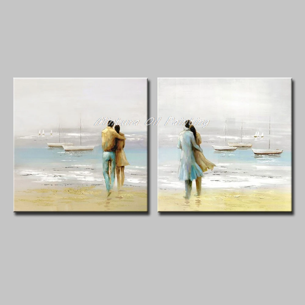 

Mintura,2Pcs Hand-Painted Lovers Oil Paintings on Canvas,Modern Abstract Sea Landscape Wall Picture For Living Room Home Decor