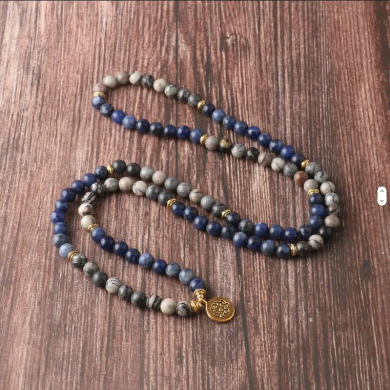 New 108 Beads Mala Prayer Necklace Sapphire Natural Stone Necklace Healing Grounding Meditation Spiritual Protection Necklace