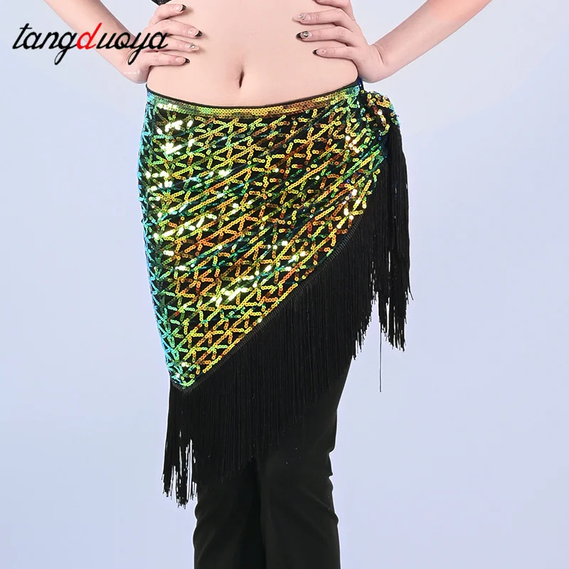 ملابس رقص البطن المرأة كبار الترتر شرابة الثلاثي وشاح الورك الكبار حزام الخصر سلسلة الرقص ممارسة الخصر وشاح #6