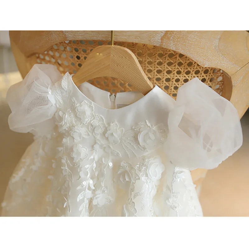 Prinzessin Blumenmädchenkleid für Hochzeit, weiße Tüll-Applikation, bauschig, mit Schleife, süßes Kinder-Baby-Festzug-Geburtstagsparty-Kleid, Ballkleid