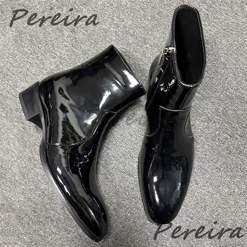 Black Patent Leather Chelsea Boots British Style Pointed Toe Side Zipper Ankle Boots Trendy Versatile Handmade Men's Dress Shoes