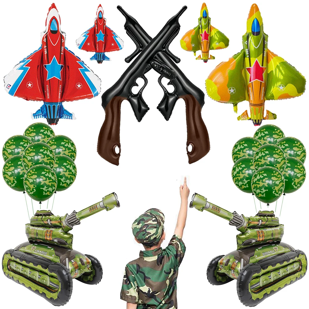 Military Camouflage Party Inflatable PVC Gun Props Foil Tank Plane Balloon Camo Paper Bag for Boys Army Birthday Decoration Toys