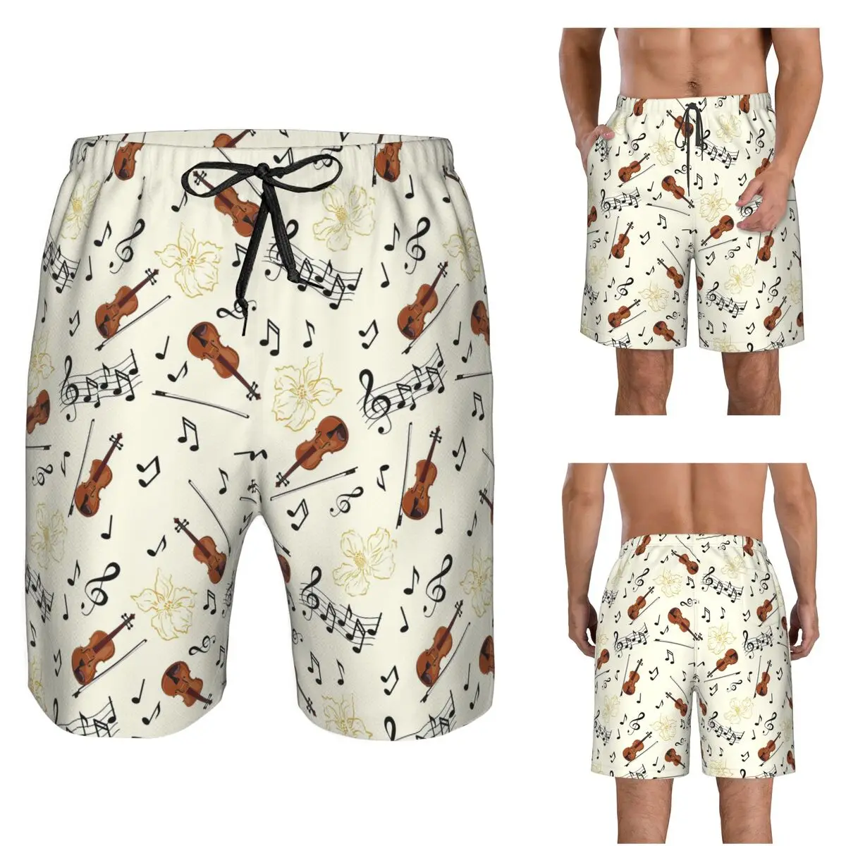 Violin Music Notes Floral Trunks Beach Board Shorts Casual Quick Dry Swimming Summer Men Pants
