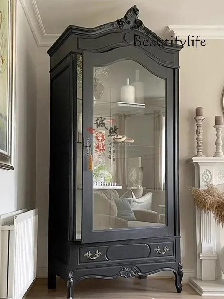 

French retro solid wood wine cabinet European villa black carved high cabinet American restaurant dining side display cabinet