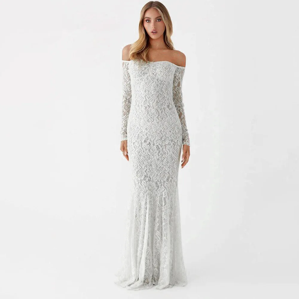 Lace Long Sleeve Backless Maxi Dress For Women Autumn New Off-shoulder Strapless See Through Sexy Long Dress Fashion