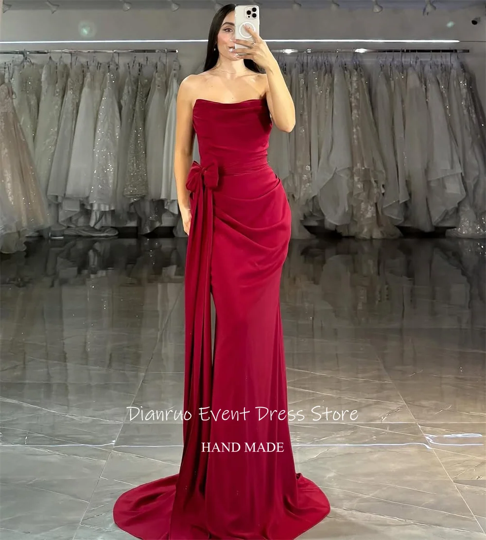 فساتين سهرة Dianruo بدون حمالات طويلة الطول أنيقة من الساتان فيستدوس دي فييستا حورية البحر مع فيونكة وأربطة Abendkleider دبي مخصصة