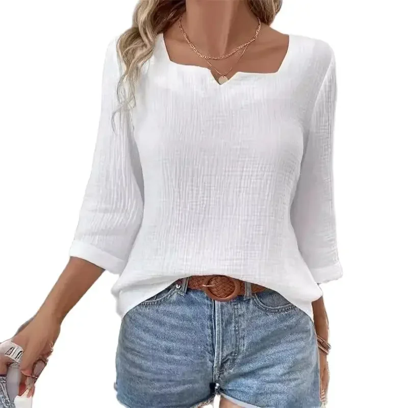 

Simple Style Solid Color Small V Neck Pullover Shirt Women Pleated Fabric Seven-quarter Sleeve Blouse Female Casual Commuter Top