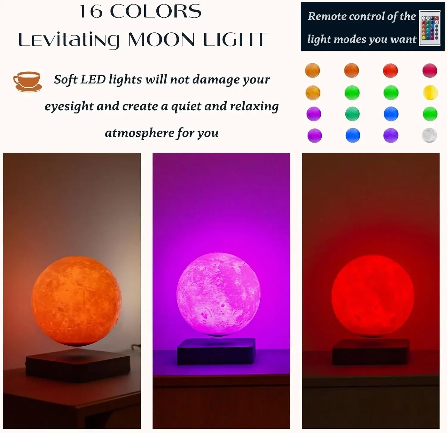 16Colors Floating Galaxy 3D Moon Lamp with Remote Control RGB Levitating Moon Lamp for Home Office Room Decor Kids/Adults Gifts