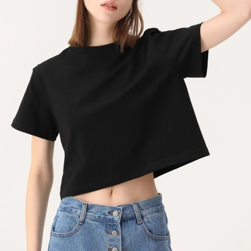 

Ins Fashion U Neck Ultra Short T-Shirt Solid Color Streetwear Korean Short Tops Basic T-shirt Loose Black White Crop Top Lady