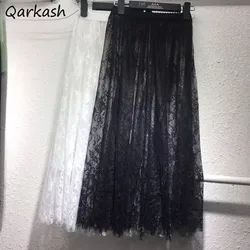 Faldas de encaje para mujer, ropa Sexy para primavera y verano, prendas de vestir, moda holgada, cintura elástica, combina con todo, diseño transparente, liso y sencillo