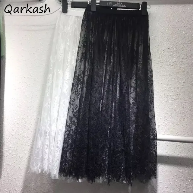 Koronkowe spódnice dla kobiet Seksowne kobiety Wiosna Lato Odzież wierzchnia Moda Luźna Elastyczna talia All-match Sheer Design Solid Simple