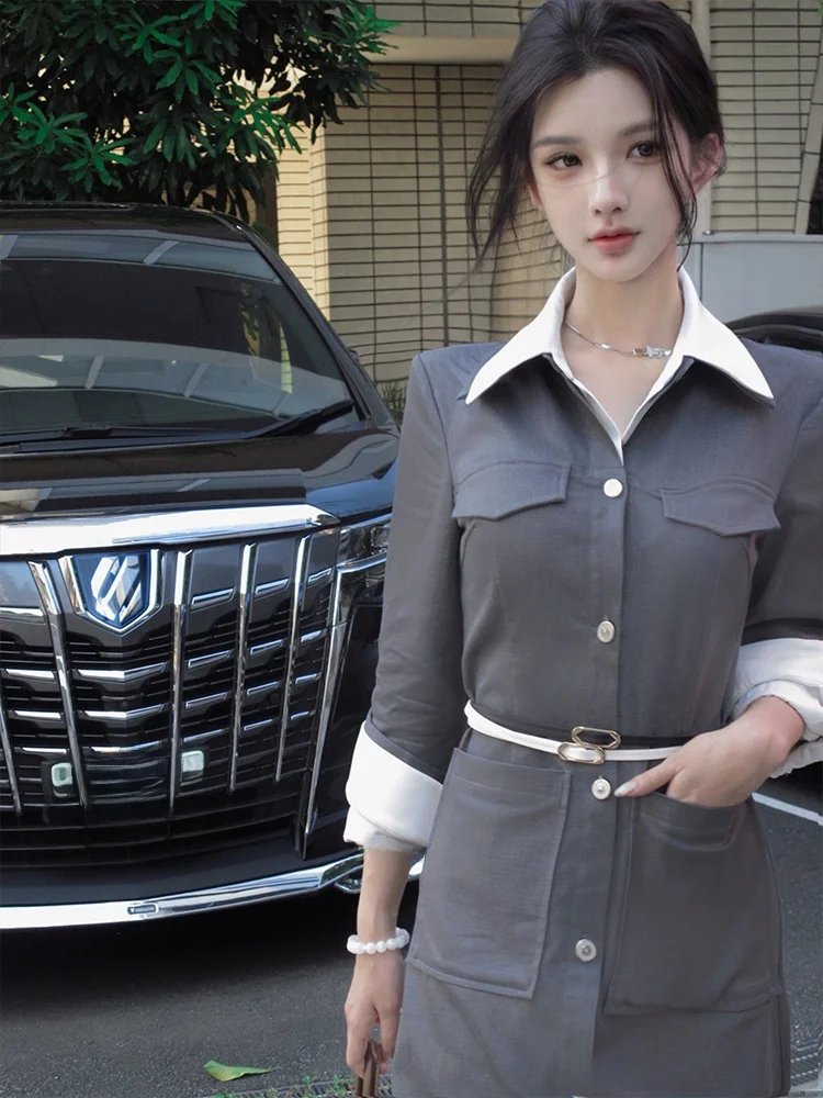 

Оригинальное платье-миди Xia Yuan с воротником-рубашкой, осенняя новинка, с карманами, ветровка-накидка, элегантный женственный стиль