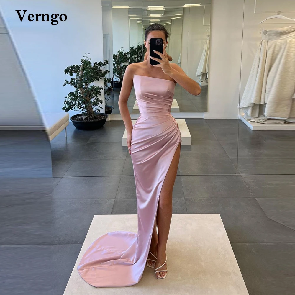 

Verngo Simple Long Prom Dresses 2022 Women Satin Special Necline High Slit Sexy Evening Gowns Lady Party Formal Event Dress