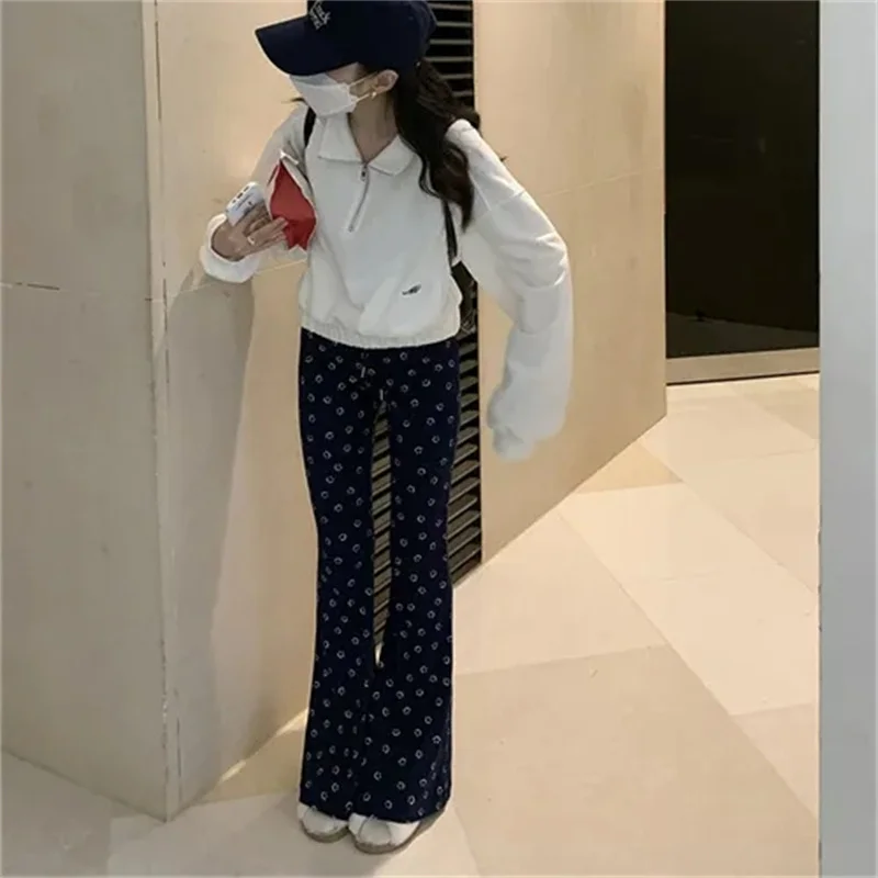 Casual Horseshoe Pants Women Spring Summer Autumn Winter Campus High Waist Slim Fit Elastic Wide Leg Printed Smiling Face Pants