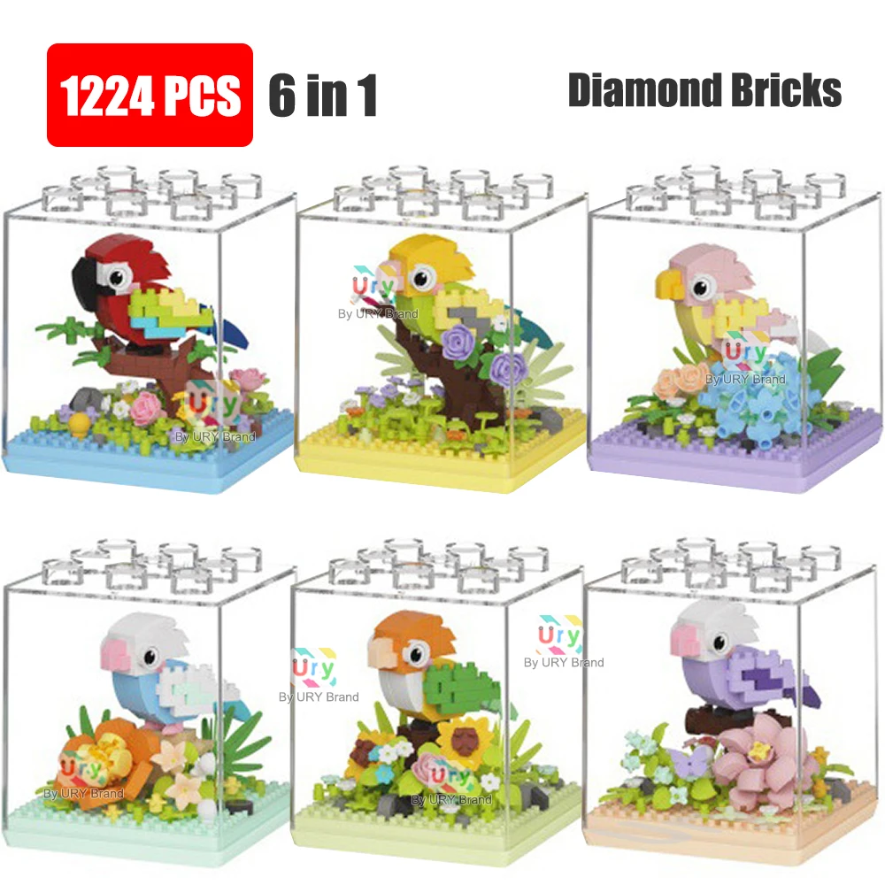 

6в1 MOC Animal Birds Series, красочный попугай с акриловой обложкой для дисплея, наборы строительных блоков, игрушки, развивающие подарки для детей