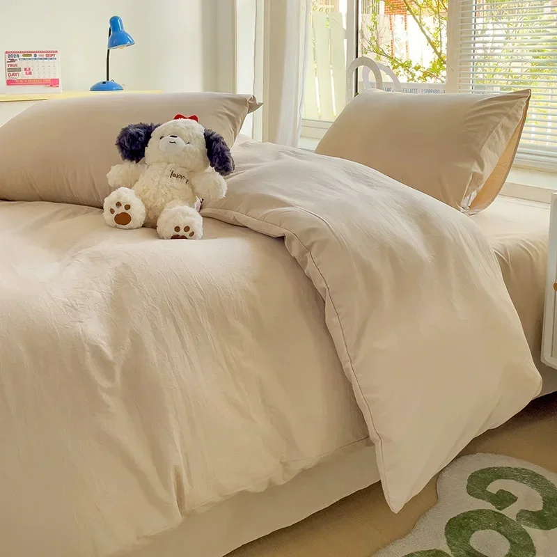 

2025 Solid Bed Linen Cotton Bedding Set 4pcs with Sheet Duvet Cover Pillowcases Single Couple Bedsheet Single Couple Twin Size