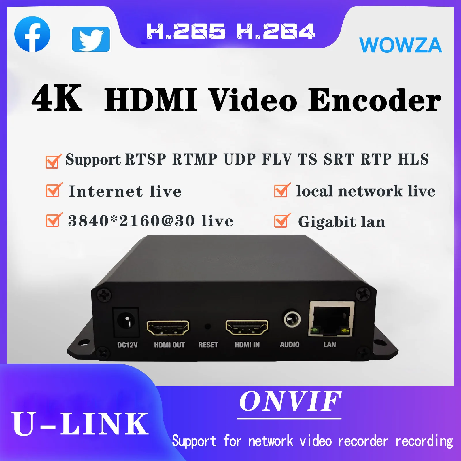 4K30 hdmi video encoder  H.265/H.264 srt rtmp rtsp udp flv ts iptv onvif for NVR recoding