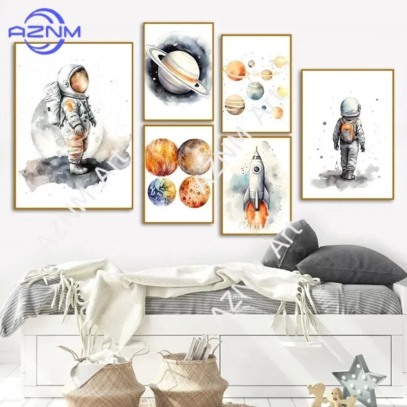 Astronaut Spacecraft Rocket Space Planet Nursery Wall Art Canvas Painting Nordic Posters And Prints Pictures For Kids Room Decor